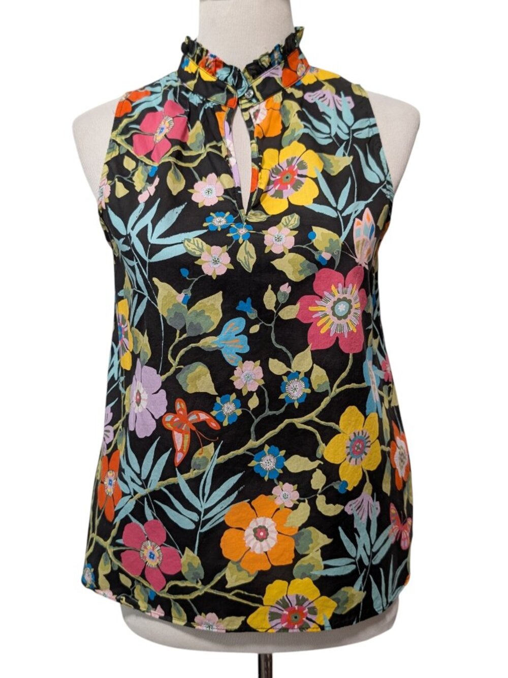 J Crew x Liberty Womens Size 6 Black Pavilion Floral Ruffle Neck Sleeveless Top